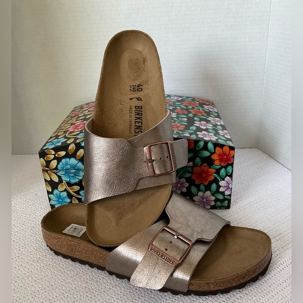 Birkenstock Bronze Sandals with Cork Footbed and Buckle Closure